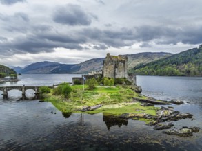 Eilean Donan Castle and Loch Duich from a drone, Isle of Skye, Highlands, Scotland, England, United