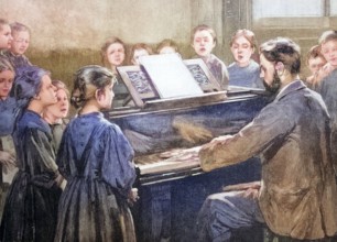 Music teacher in a home for blind children, coloured wood engraving, reproduction of an original
