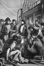 Sailors of the Royal Navy complain about rations and conditions in front of the Nore Mutiny of