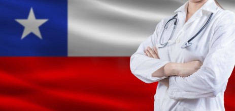 Doctor with crossed arms on Chile flag. Chile health and care concept. Female doctor on Chile flag