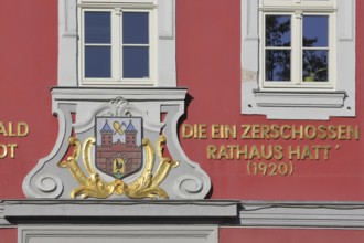 City coat of arms and inscription on the town hall, saying, text, year, Suhl, Franconia, Thuringia,