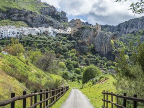 Cycle path via verde del aceite, below Zuheros castle and village, Sierras Subbéticas, Zuheros,