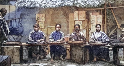 Tea sorter in China, coloured wood engraving, reproduction of an original from ca 1888, historical,