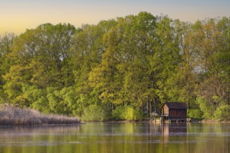 Boathouse, in spring, Neudau ponds, Neudau, Styria, Austria