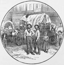 Emigrant family and wagon, around 1870, Kansas, America, digital reproduction of a historical model
