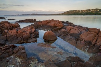 Rocky coast, sunrise, Plage de Palombaggia, Corsica, France