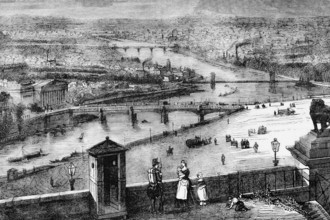 A view of the Seine as it flows through Paris, France, 1810, digital reproduction of a historical