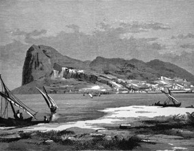 Sailing ships at the Strait of Gibraltar, rocks, mountain, houses, seen from Africa, Spain,
