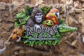 Sign for the Rainforest Cafe restaurant in Disney Springs at Disney World in Orlando, Florida, USA