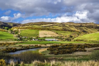 Farms over Loch Harport, Drynoch, Isle of Skye, Scotland, UK