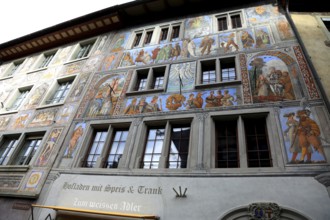 Façade with façade painting in the old town, zum weißen Adler, farm shop, Stein am Rhein, Canton