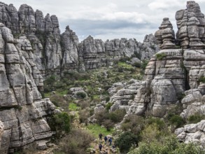 Hikers in the El Torcal de Antequera mountain range, hiking path, rock formations, Andalusia, Spain