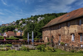 The old castle with Barbarossaplatz and the castle café in the old town centre of Büdingen, Hesse,