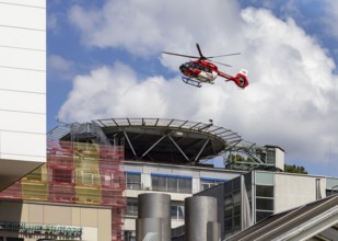 Airbus H145 rescue helicopter operated by DRF Luftrettung on approach to Stuttgart Hospital,