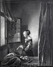 Reading girl standing at the window and reading a letter, Living room, Curtain, Historical,
