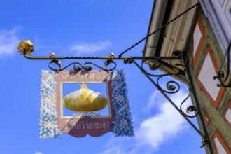 Nose sign, pub sign, onion, Kirchenstraße, half-timbered houses in the old town, Ladenburg,