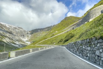 View of east ramp ascent to descent from Alpine pass Stelvio Stilfserjoch mountain road above tree
