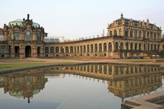 Zwinger, architecture, mirrored view, baroque building, Dresden, Germany