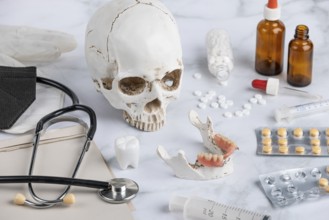Medical utensils, tablets with skull and teeth