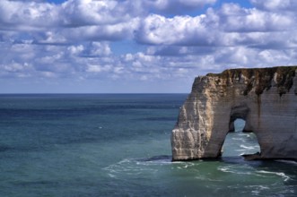 Rock arch Falaise or Porte La Manneporte, behind it Falaise or Porte d'Aval, Étretat, sea, cliffs,