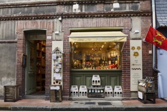 Entrance and shop window of a Calvados and cider shop, Vieux Bassin, Honfleur, Cote Fleurie, Pays