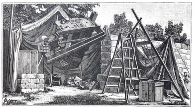 Observation stand for a solar eclipse in Upper Egypt, around 1880, illustration of the instruments