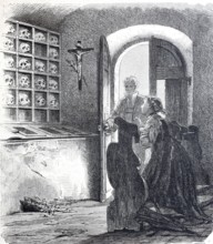 The ossuary in the parish church of St Martin in Buochs in 1888, skull on the wall, Canton