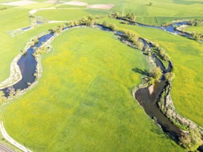 Young Danube river landscape aerial view from above near Geisingen, Germany