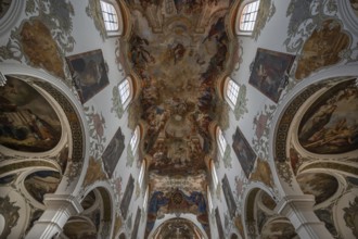 Interior with ceiling frescoes in the nave from 1746, St Martinus and Maria Church, 14th century,