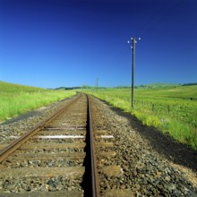 The railway track stretches through a lush green rural area, flanked by vibrant grasslands and a