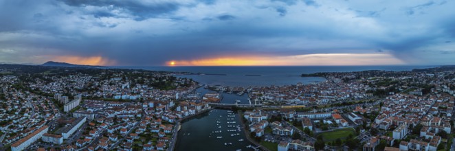 Panorama of Sunset over Saint-Jean-de-Luz from a drone, Nouvelle-Aquitaine, Pyrenees-Atlantiques,