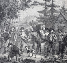 Gold seekers, gold diggers setting out for the claims in California, around 1860, America,