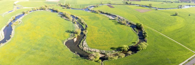 Young Danube river landscape panorama aerial view from above near Geisingen, Germany