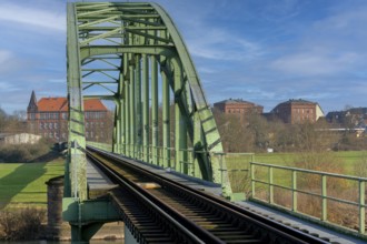 Harbour school with Weser bridge and historic barracks Minden Germany