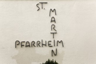 Lettering, letters, St Martin's parish hall, facade, Oberuhldingen district, Uhldingen-Mühlhofen