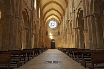 Nave with rose window above portal, interior, Gothic basilica of the Cistercian Abbey of Fossanova,