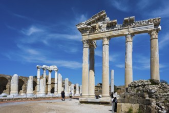 Ruined temple with majestic columns under a clear sky. Historical atmosphere in ancient Greek