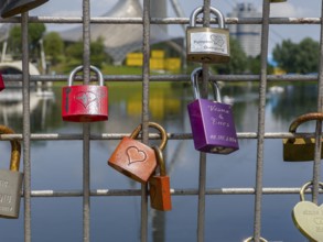 Love locks in the Olympic Park, Munich, Bavaria, Germany
