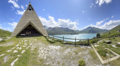 Panoramic photo with left 1967 above right Lac du Mont Cenis built Musée Museo Mont-Cenis Pyramid