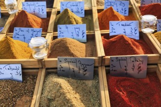 Various spice blends at a market stall, Saintes-Maries-de-la-Mer, Camargue, France