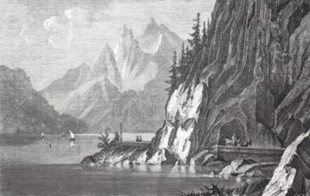The rocky road along Lake Lake Traun from Gmunden to Ebensee, around 1870, Salzkammergut, Austria,
