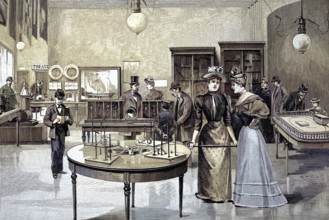 Physics room in the Urania school, Berlin, Germany, students, illustration from 1894, reproduction,