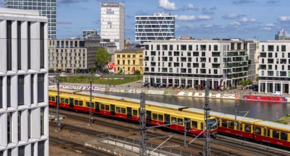 View from the roof of the Futurium Museum onto the Humboldt harbour at Berlin Central Station,