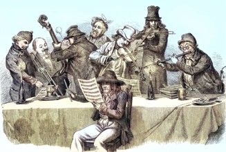 Bohemian musicians, coloured woodcut from 1864, group of musicians, playing instruments at a table,