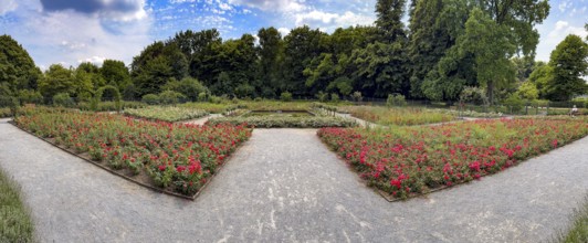 Symmetrically arranged flowerbeds in the rose garden of Grugapark, Essen, North Rhine-Westphalia,