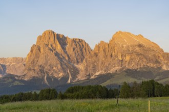 Majestic mountain peaks of the Dolomites, illuminated by the evening sun, Alpe di Siusi, Dolomites,