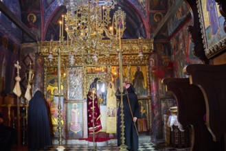 Zoodochou Pigis Monastery, Nunnery, Iconostasis, Richly decorated church interior with icons and