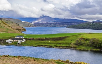Farms over Loch Harport, Drynoch, Isle of Skye, Scotland, UK