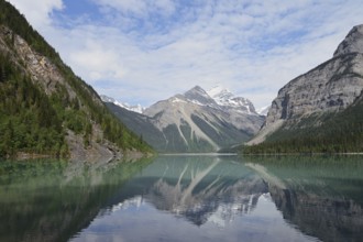 Mountains reflected in Kinney Lake, Mount Robson Provincial Park, British Columbia, Canada
