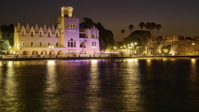 Palace of Justice, colonial building, night shot of a historic building with lights, palm trees and